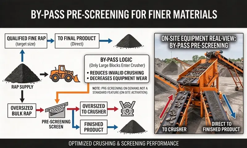 By-pass pre-screening workflow, finer RAP bypass the crusher to reduce equipment wear