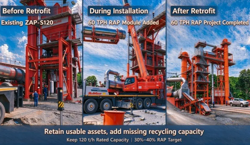 Zoomline asphalt plant retrofitted with 60TPH RAP recycled asphalt pavement recycling module, on-site equipment