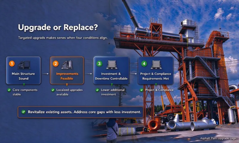 Zoomline old asphalt mixing plant retrofit scene, upgrading an existing asphalt plant, construction site